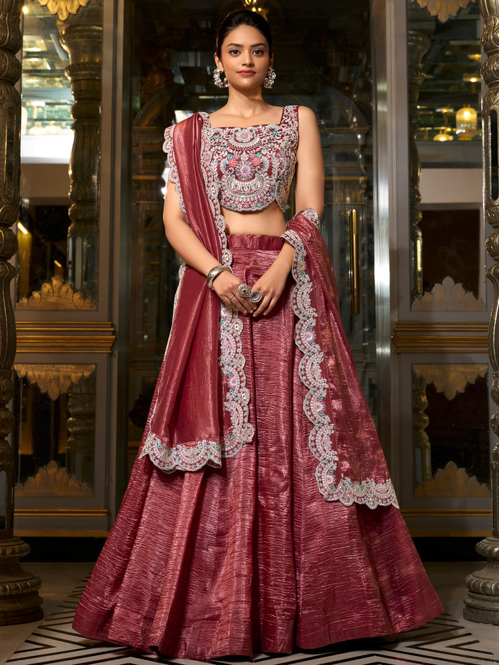 Alluring Burgundy Sequins Work Organza Crush Lehenga Choli With Dupatta