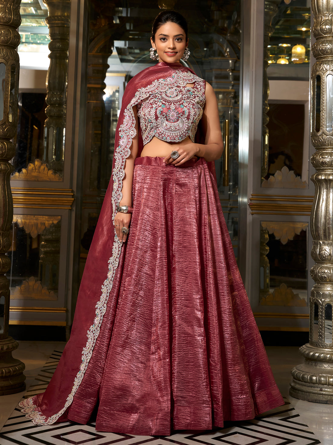 Alluring Burgundy Sequins Work Organza Crush Lehenga Choli With Dupatta