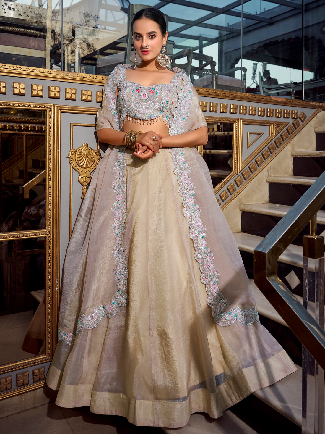 Lovable Cream Organza Crush Pattern Lehenga Heavy Work Choli