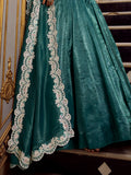 Beautiful Teal Blue Thread Work Organza Crush Pattern Wedding Lehenga Choli
