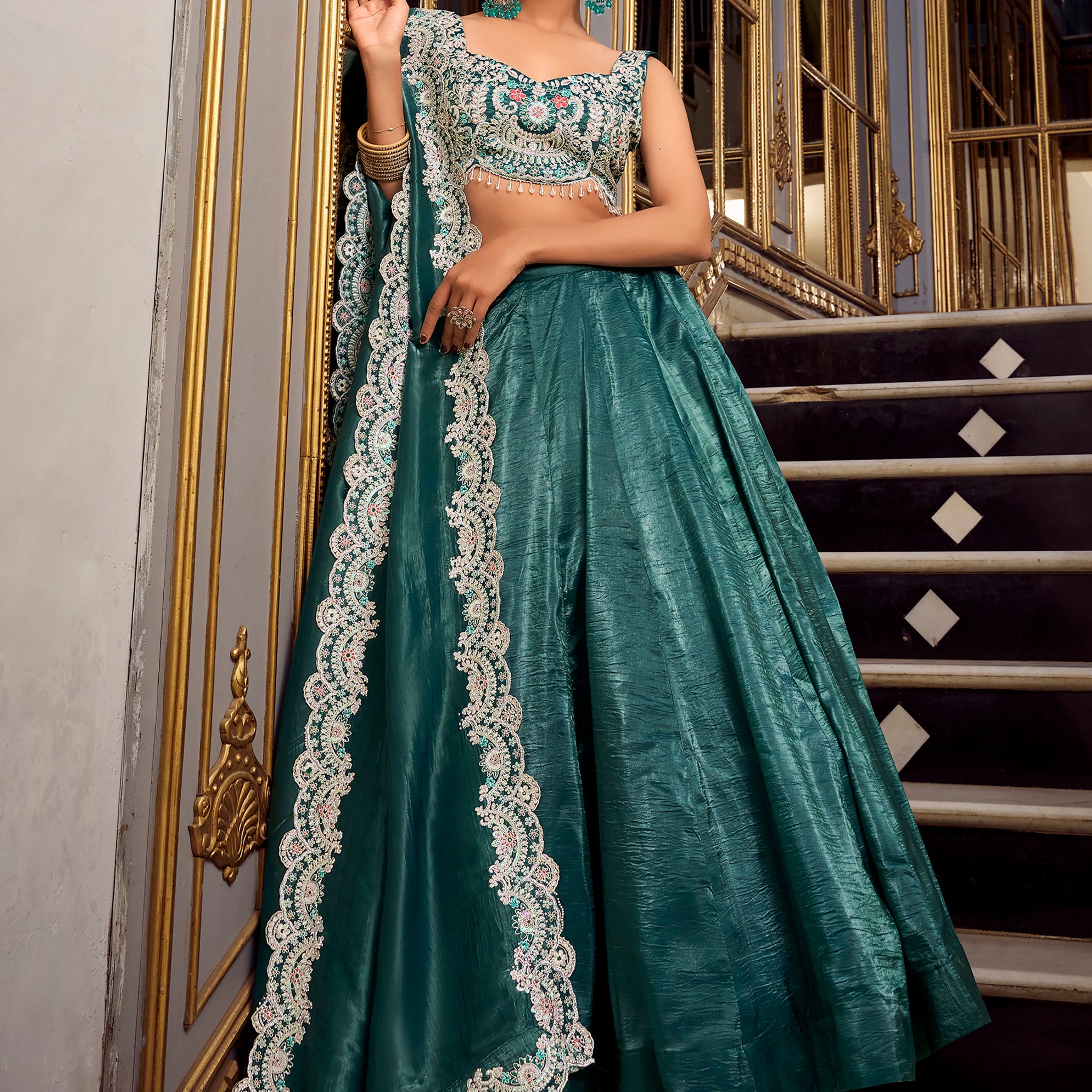 Beautiful Teal Blue Thread Work Organza Crush Pattern Wedding Lehenga Choli
