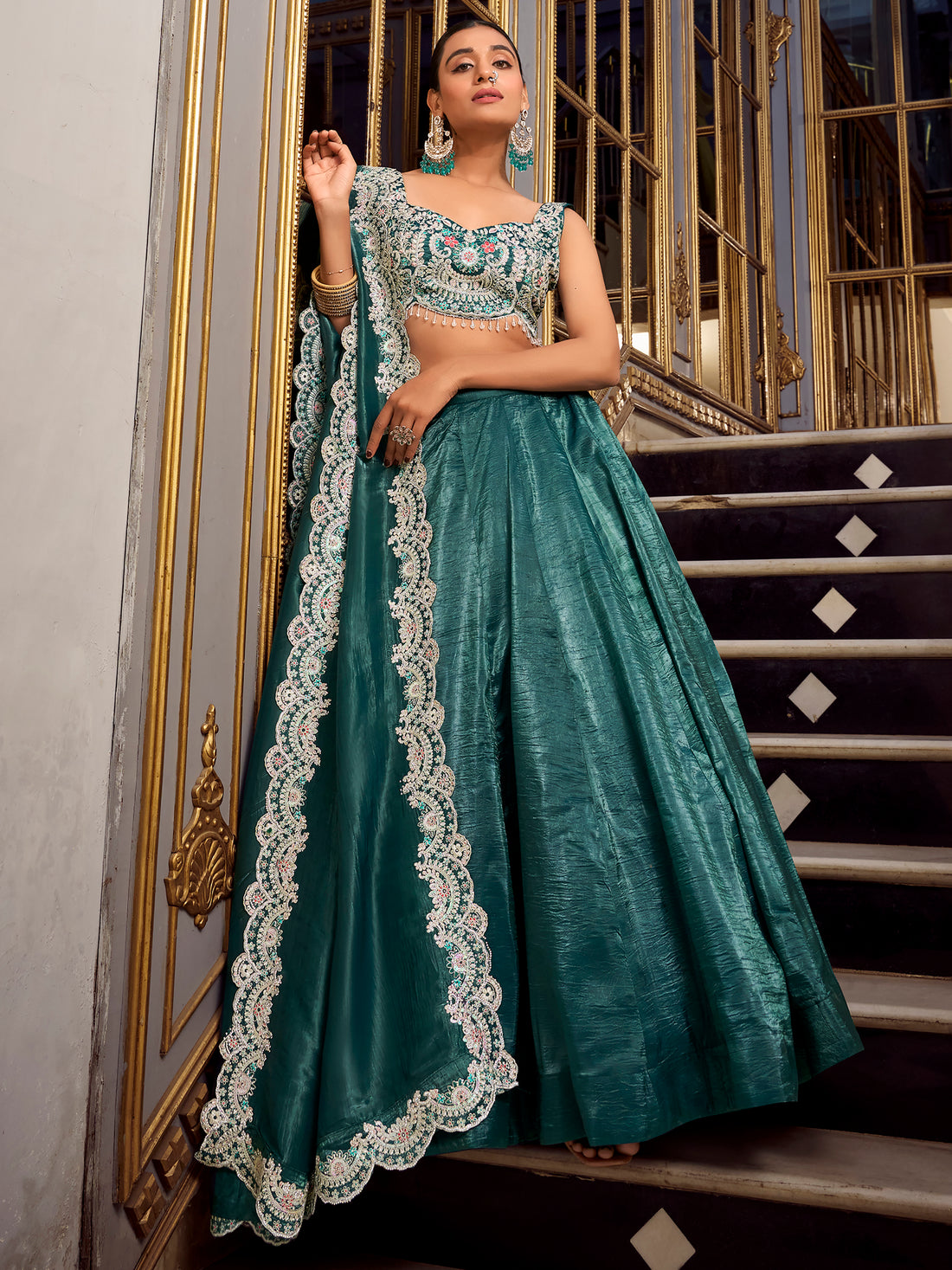 Beautiful Teal Blue Thread Work Organza Crush Pattern Wedding Lehenga Choli