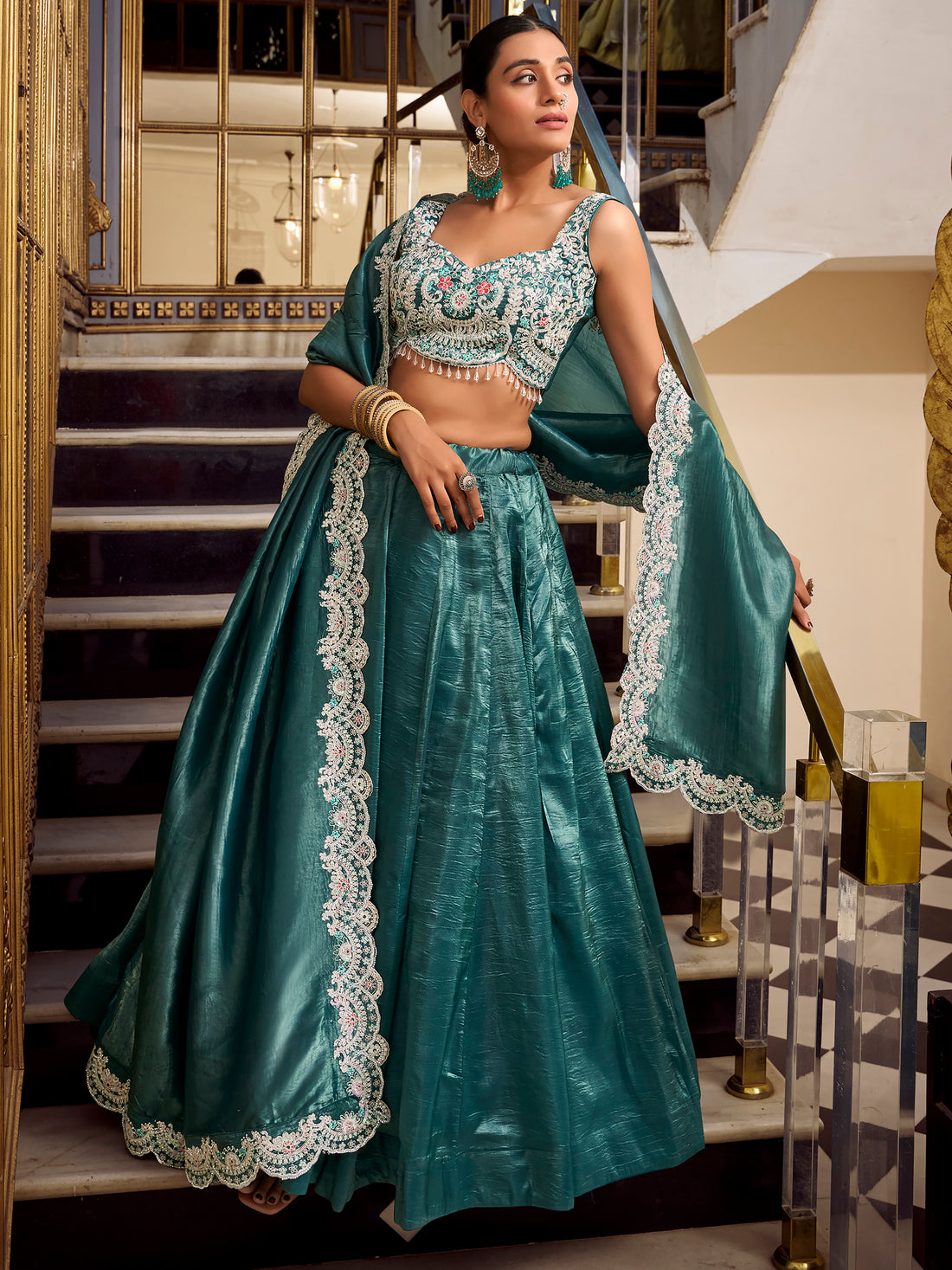 Beautiful Teal Blue Thread Work Organza Crush Pattern Wedding Lehenga Choli