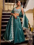 Beautiful Teal Blue Thread Work Organza Crush Pattern Wedding Lehenga Choli
