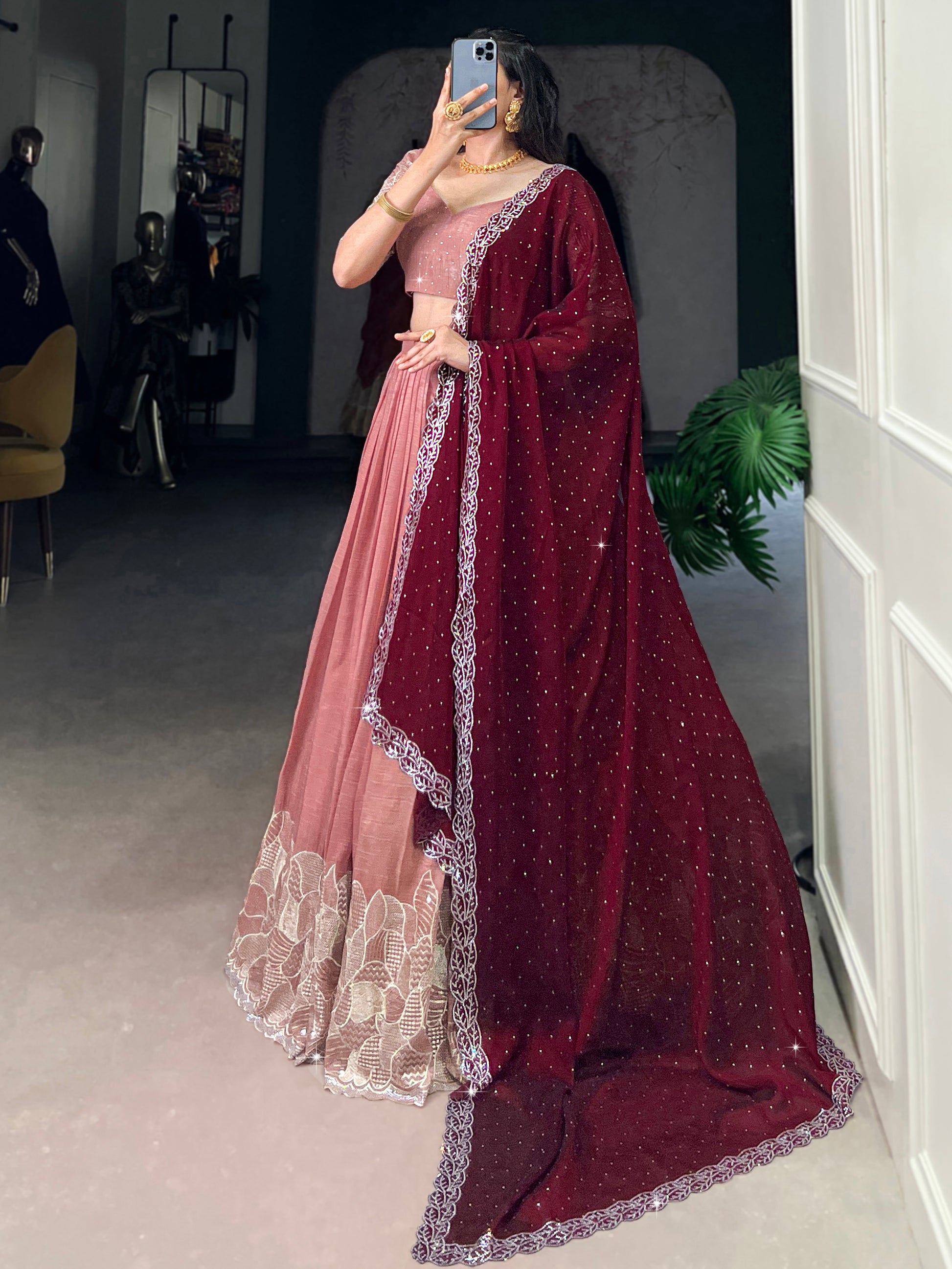 Attractive Peach Thread Embroidered Organza Lehenga Choli