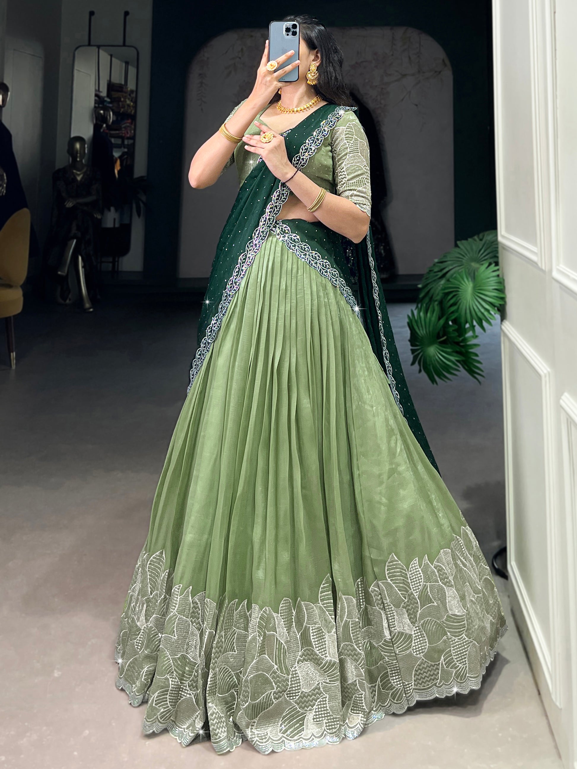 Majestic Pista Green Organza Sangeet Wear Lehenga Choli With Dupatta
