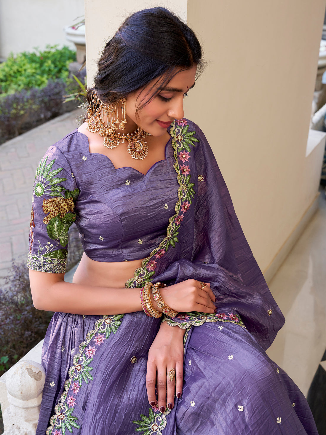 Charming Lavender Thread Embroidered Crush Silk Lehenga Choli With Dupatta