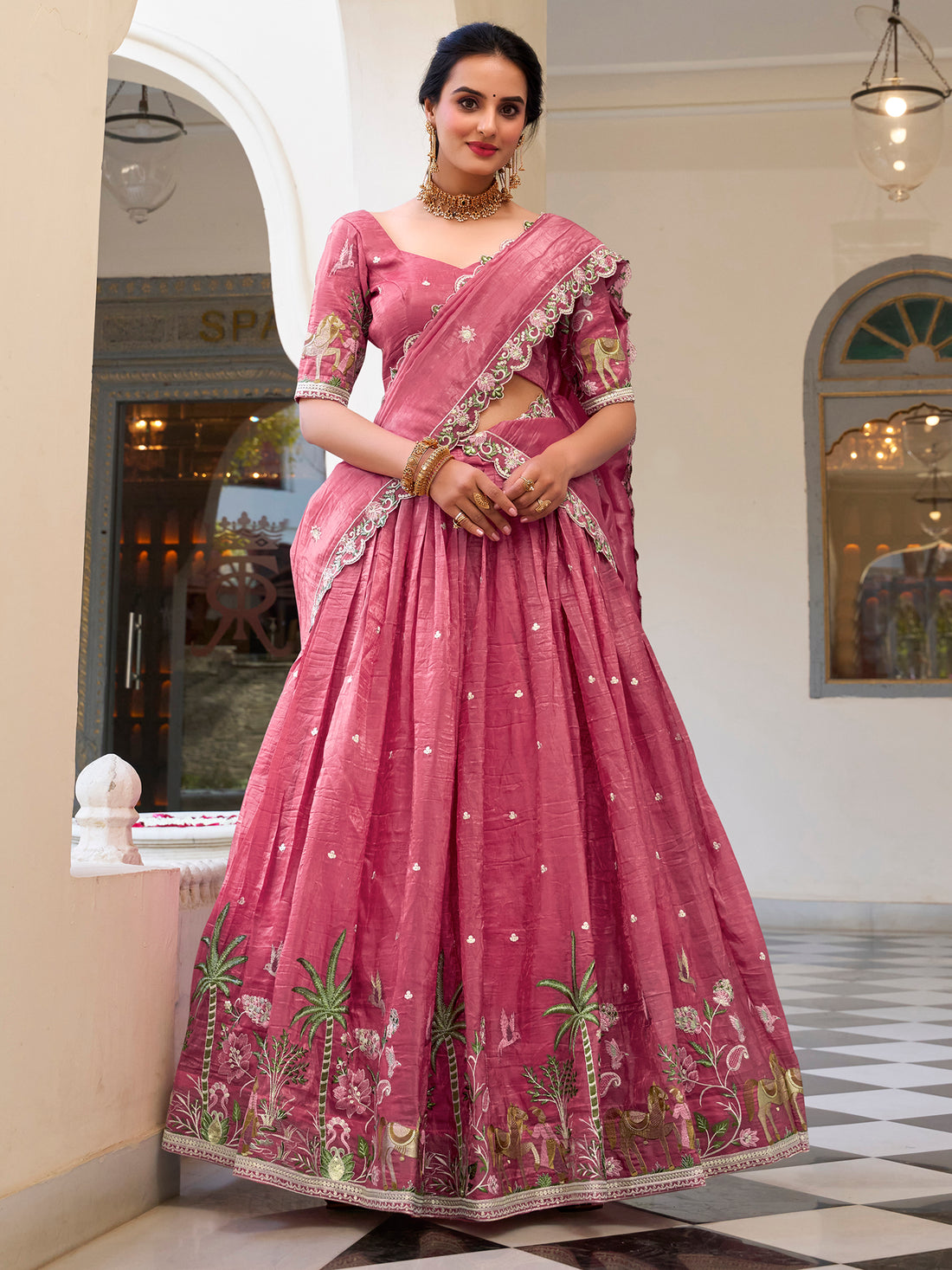 Incredible Pink Thread Work Crush Silk Wedding Lehenga Choli With Dupatta