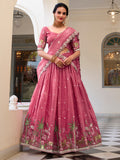 Incredible Pink Thread Work Crush Silk Wedding Lehenga Choli With Dupatta