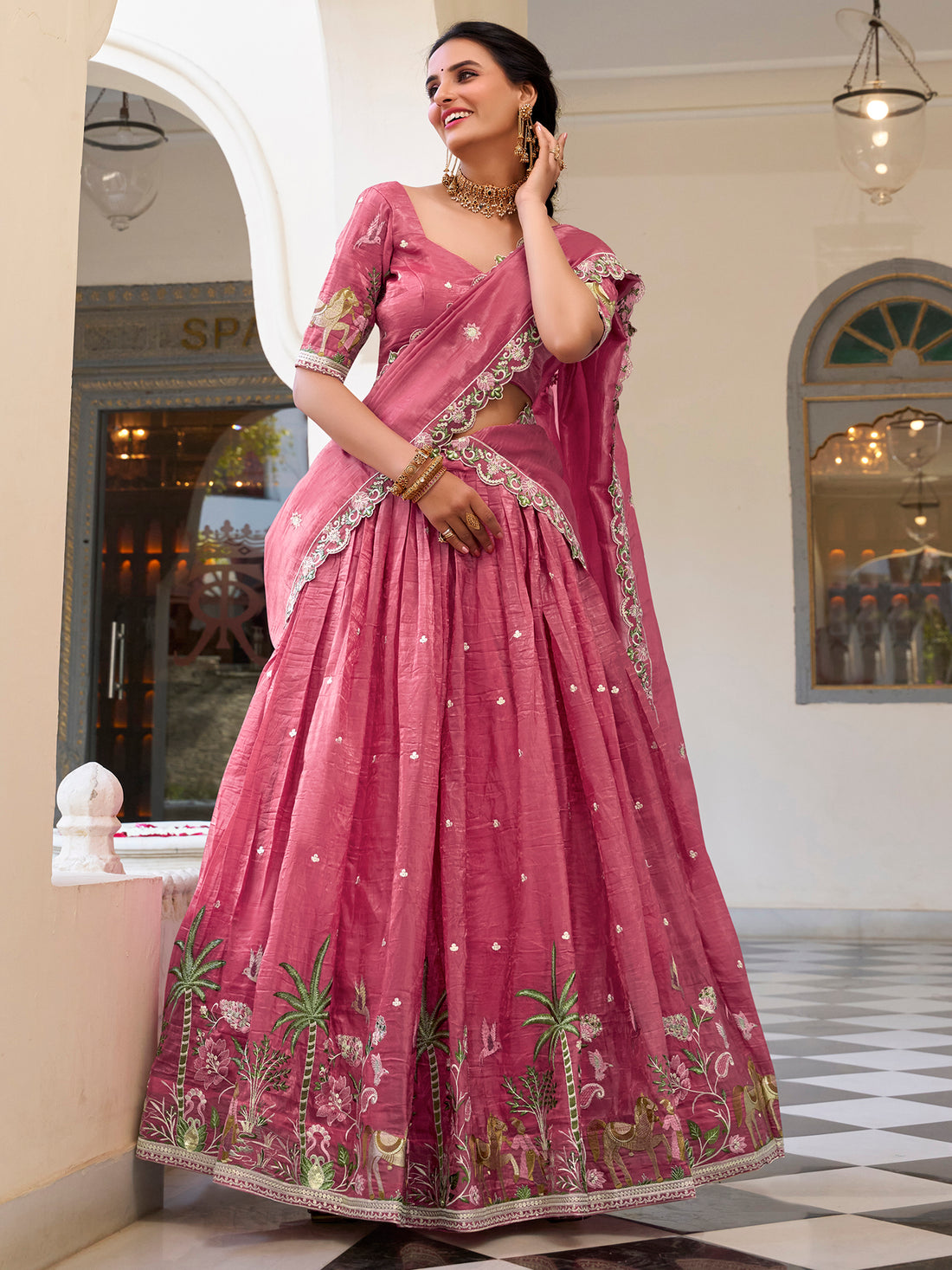 Incredible Pink Thread Work Crush Silk Wedding Lehenga Choli With Dupatta