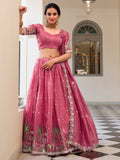 Incredible Pink Thread Work Crush Silk Wedding Lehenga Choli With Dupatta