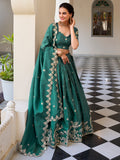 Stunning Teal Green Thread Embroidered Crush Silk Festive Wear Lehenga Choli
