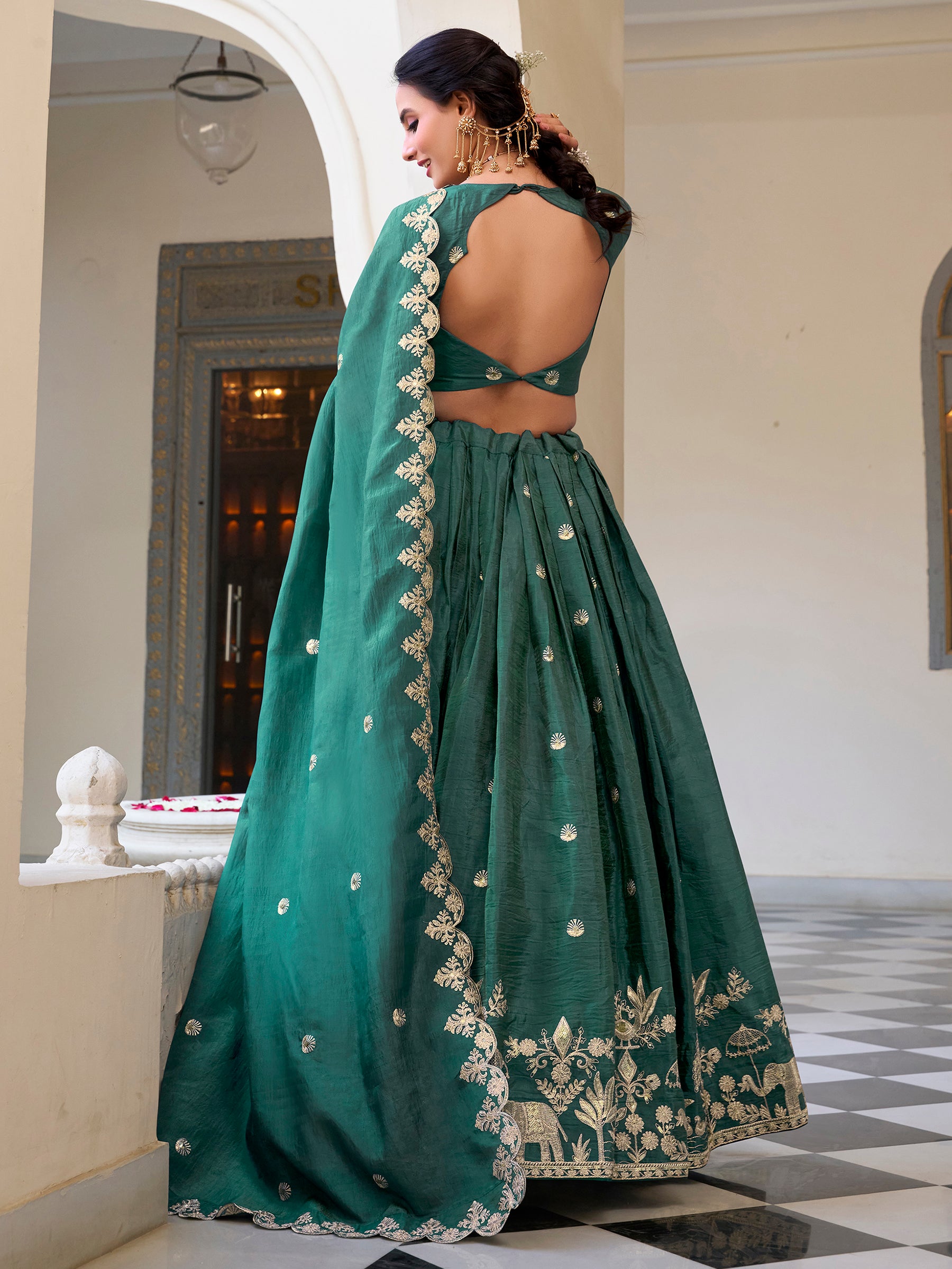 Stunning Teal Green Thread Embroidered Crush Silk Festive Wear Lehenga Choli