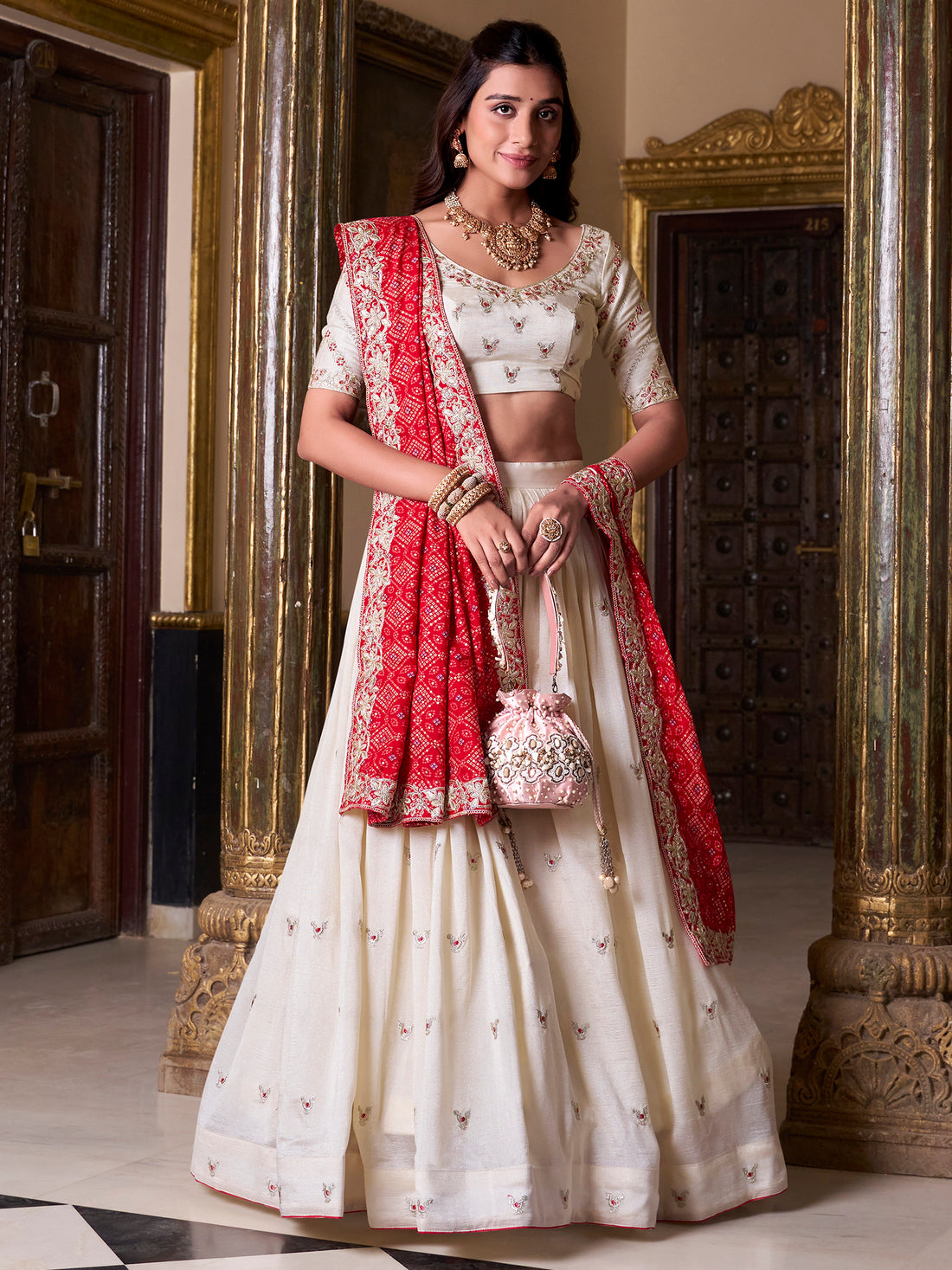 Embrace Off-White Thread Work Silk Wedding Wear Lehenga Choli