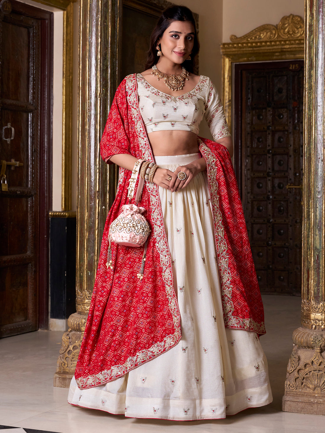 Embrace Off-White Thread Work Silk Wedding Wear Lehenga Choli