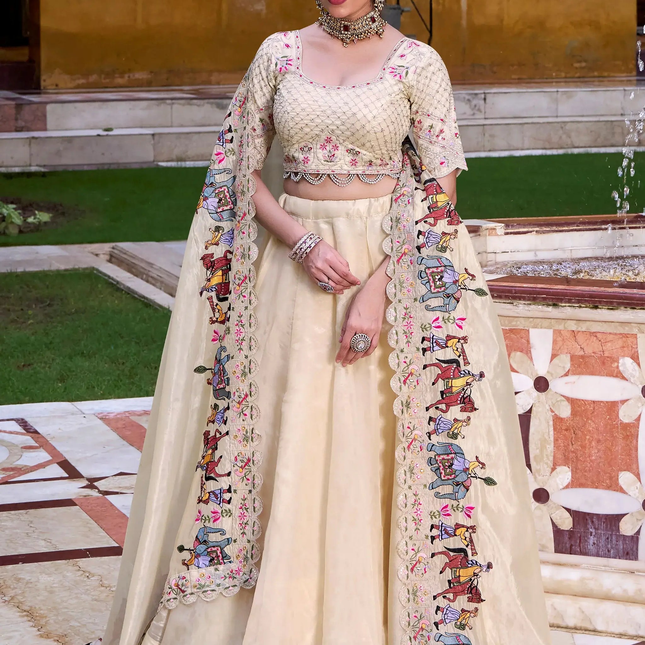 Great Off-White Thread Embroidered Silk Festive Wear Lehenga With Blouse
