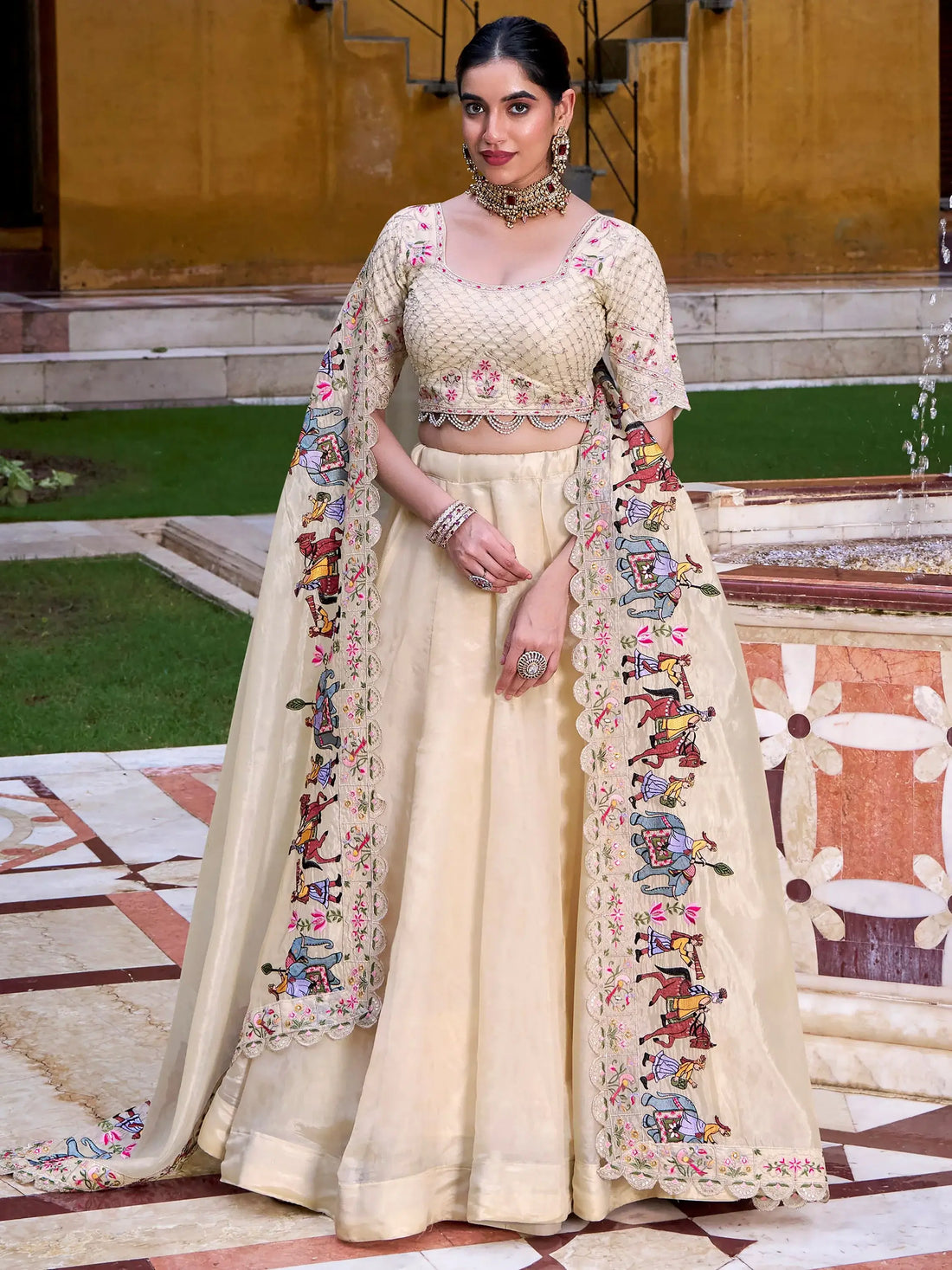 Great Off-White Thread Embroidered Silk Festive Wear Lehenga With Blouse