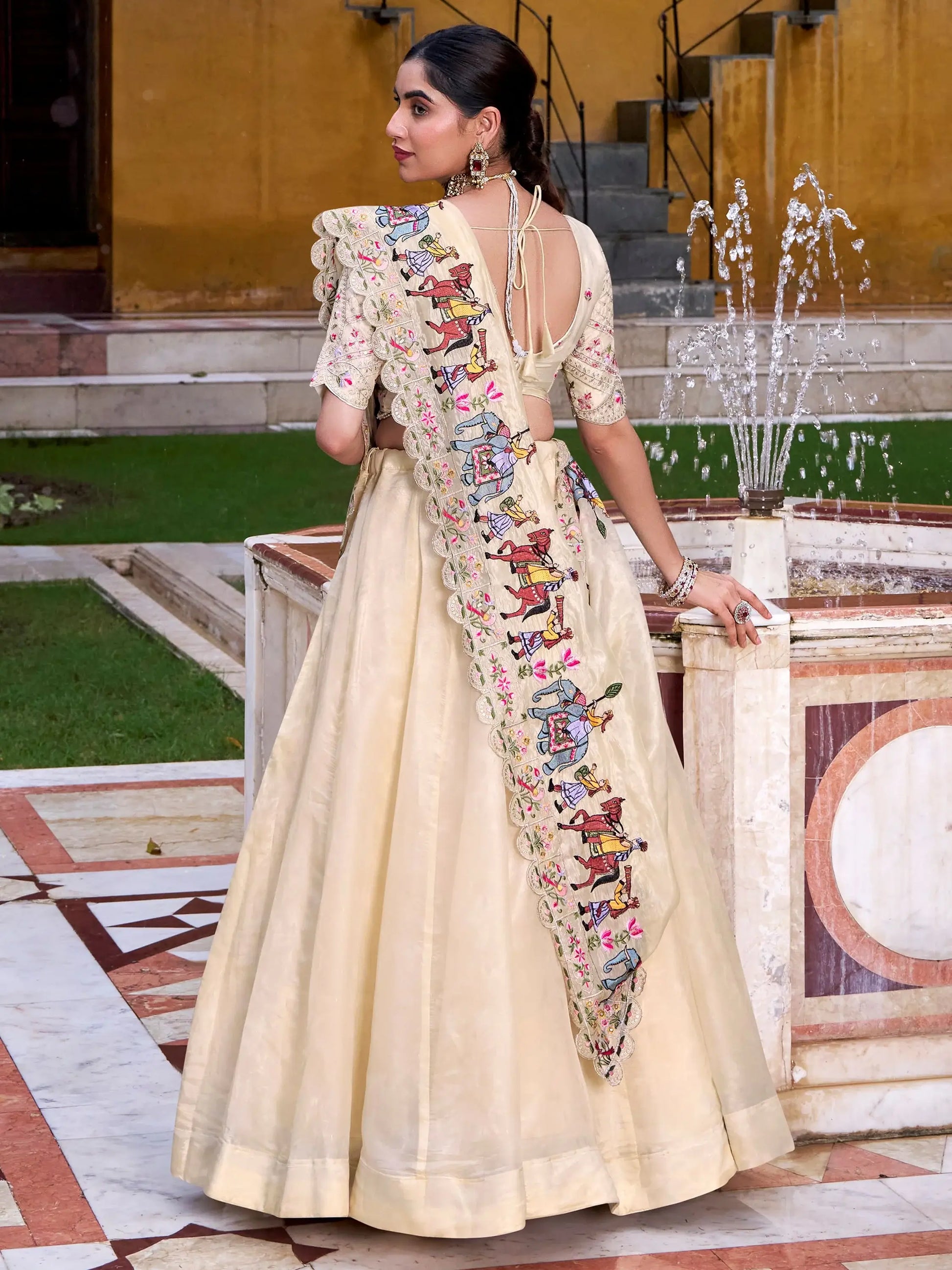 Great Off-White Thread Embroidered Silk Festive Wear Lehenga With Blouse