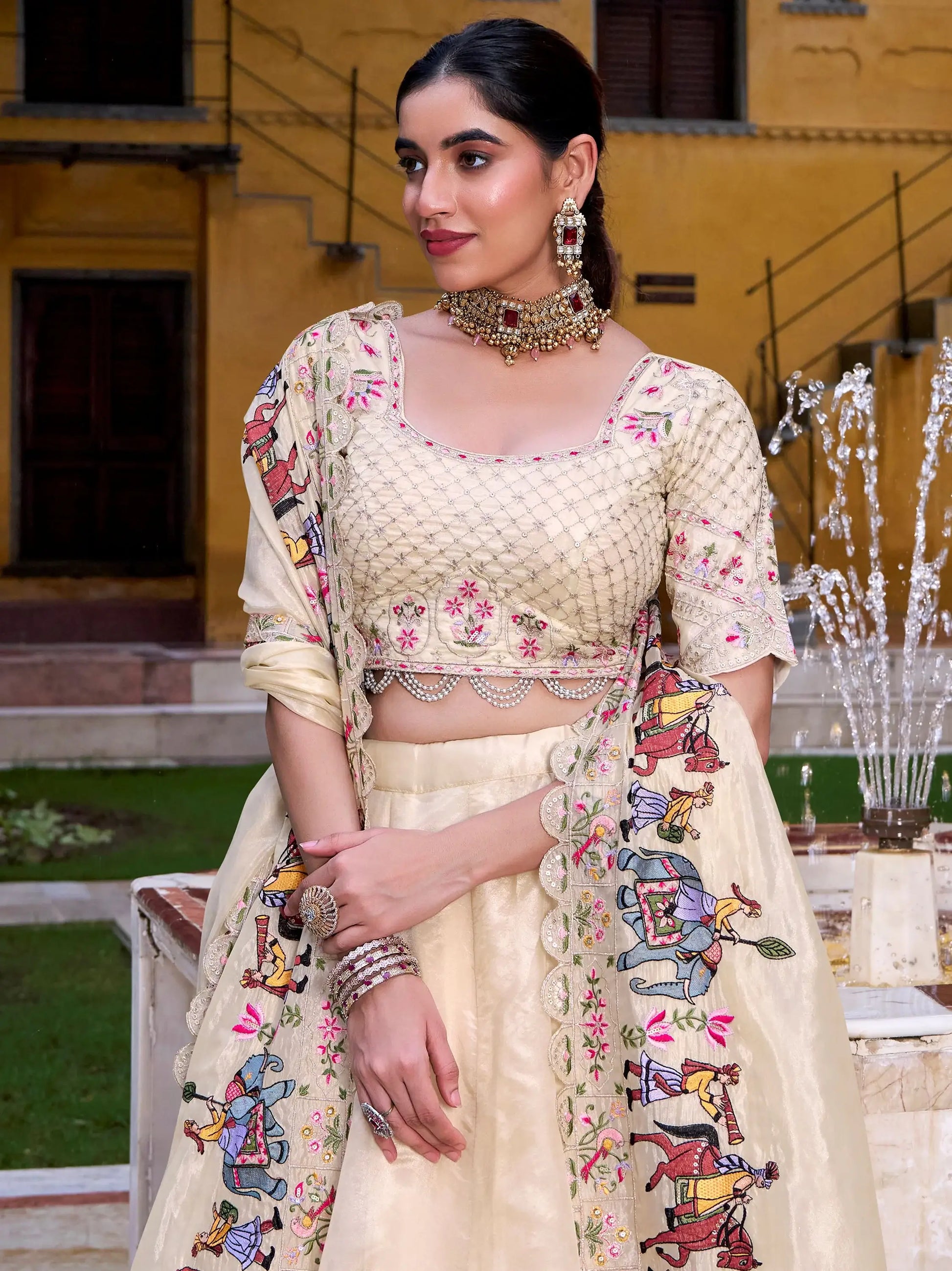 Great Off-White Thread Embroidered Silk Festive Wear Lehenga With Blouse