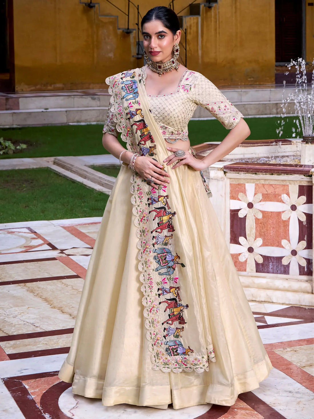 Great Off-White Thread Embroidered Silk Festive Wear Lehenga With Blouse