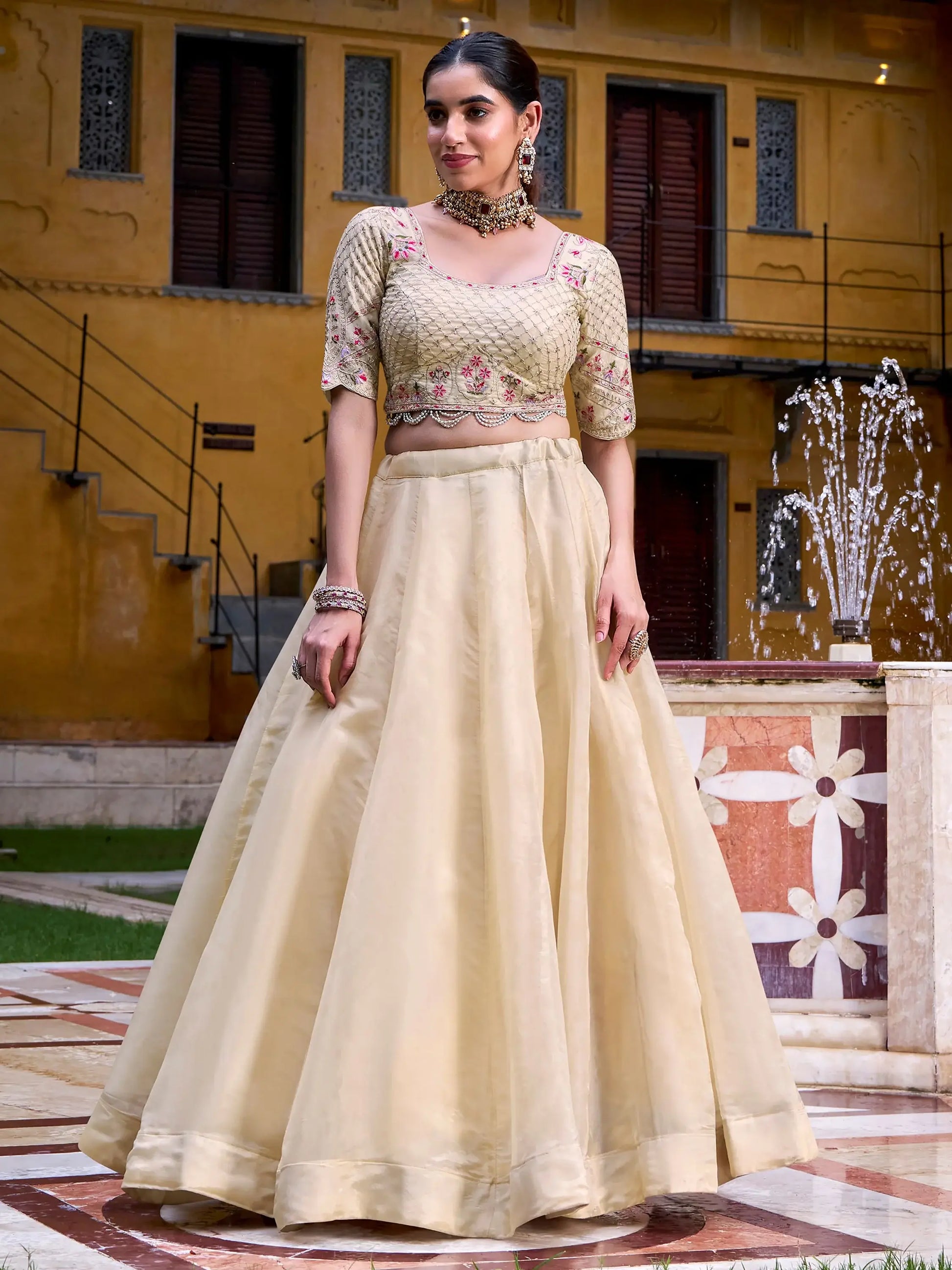 Great Off-White Thread Embroidered Silk Festive Wear Lehenga With Blouse