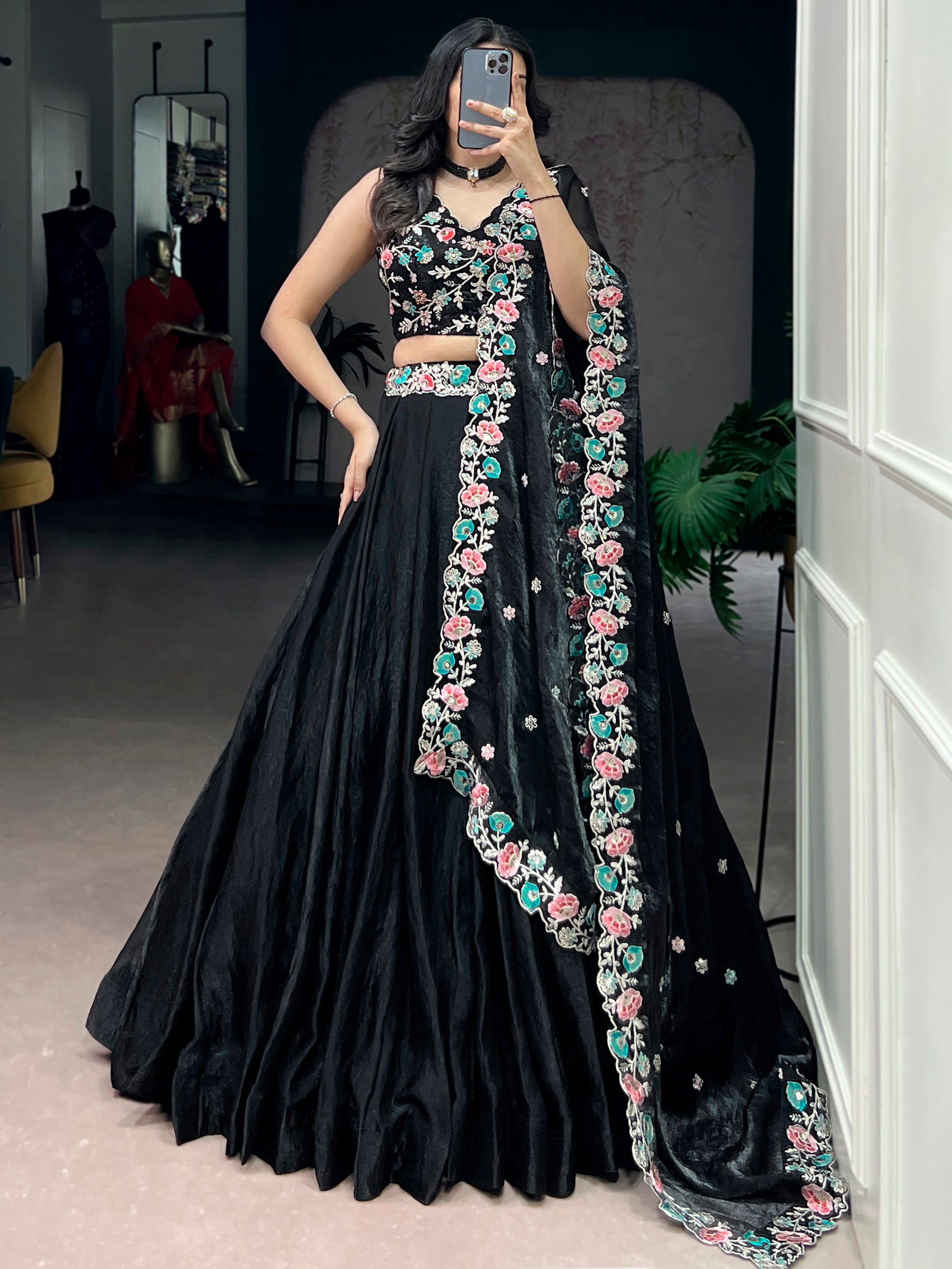 Adorable Black Thread Work Organza Party Wear Lehenga Choli With Dupatta
