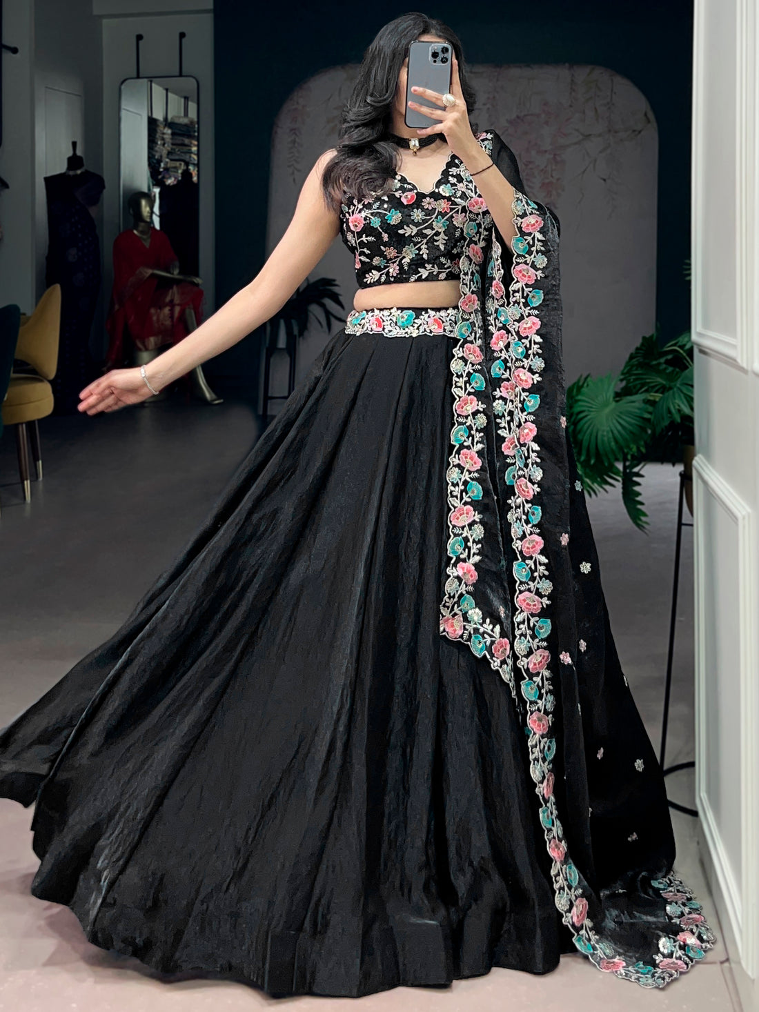 Adorable Black Thread Work Organza Party Wear Lehenga Choli With Dupatta