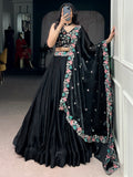 Adorable Black Thread Work Organza Party Wear Lehenga Choli With Dupatta