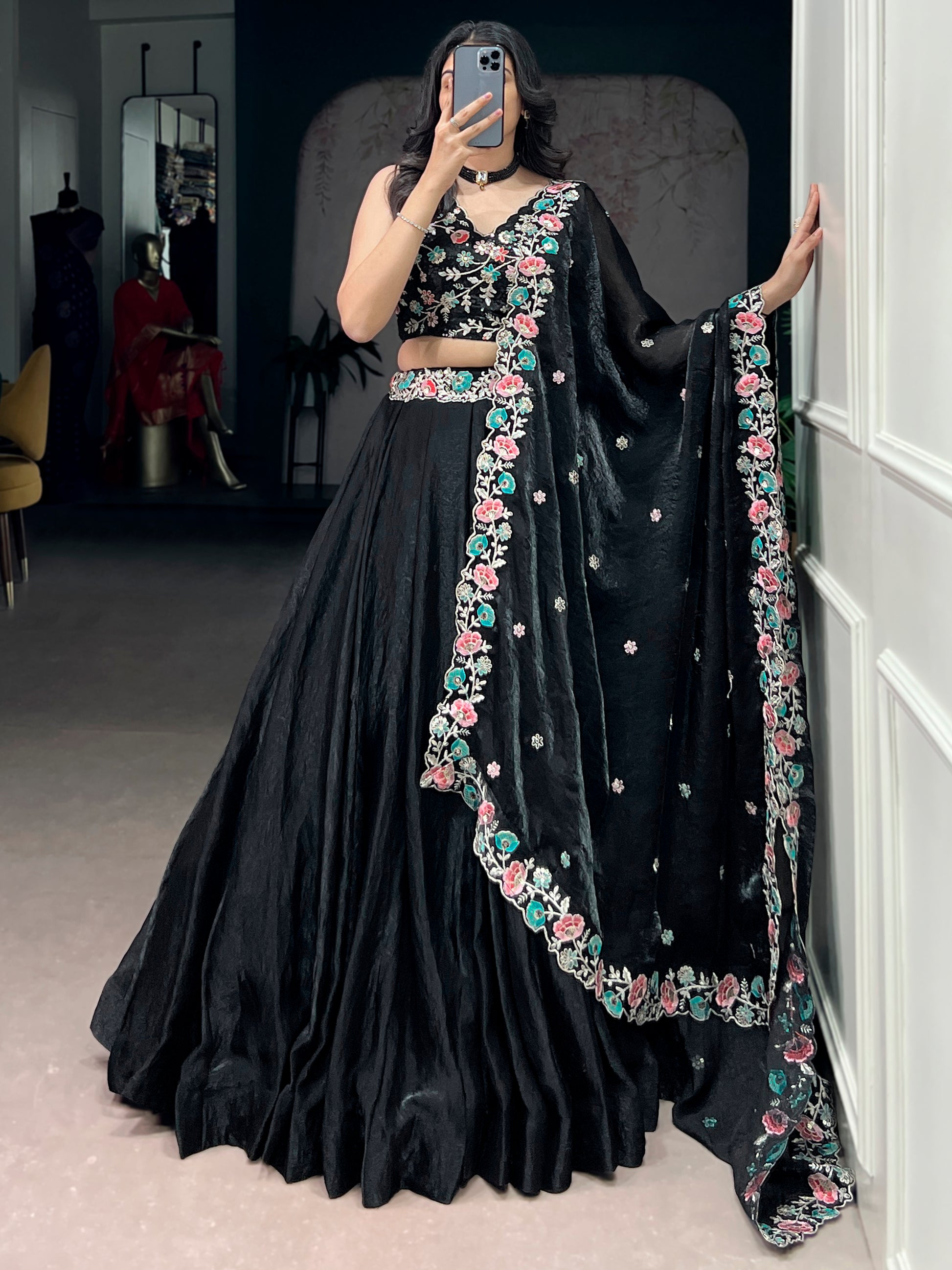 Adorable Black Thread Work Organza Party Wear Lehenga Choli With Dupatta