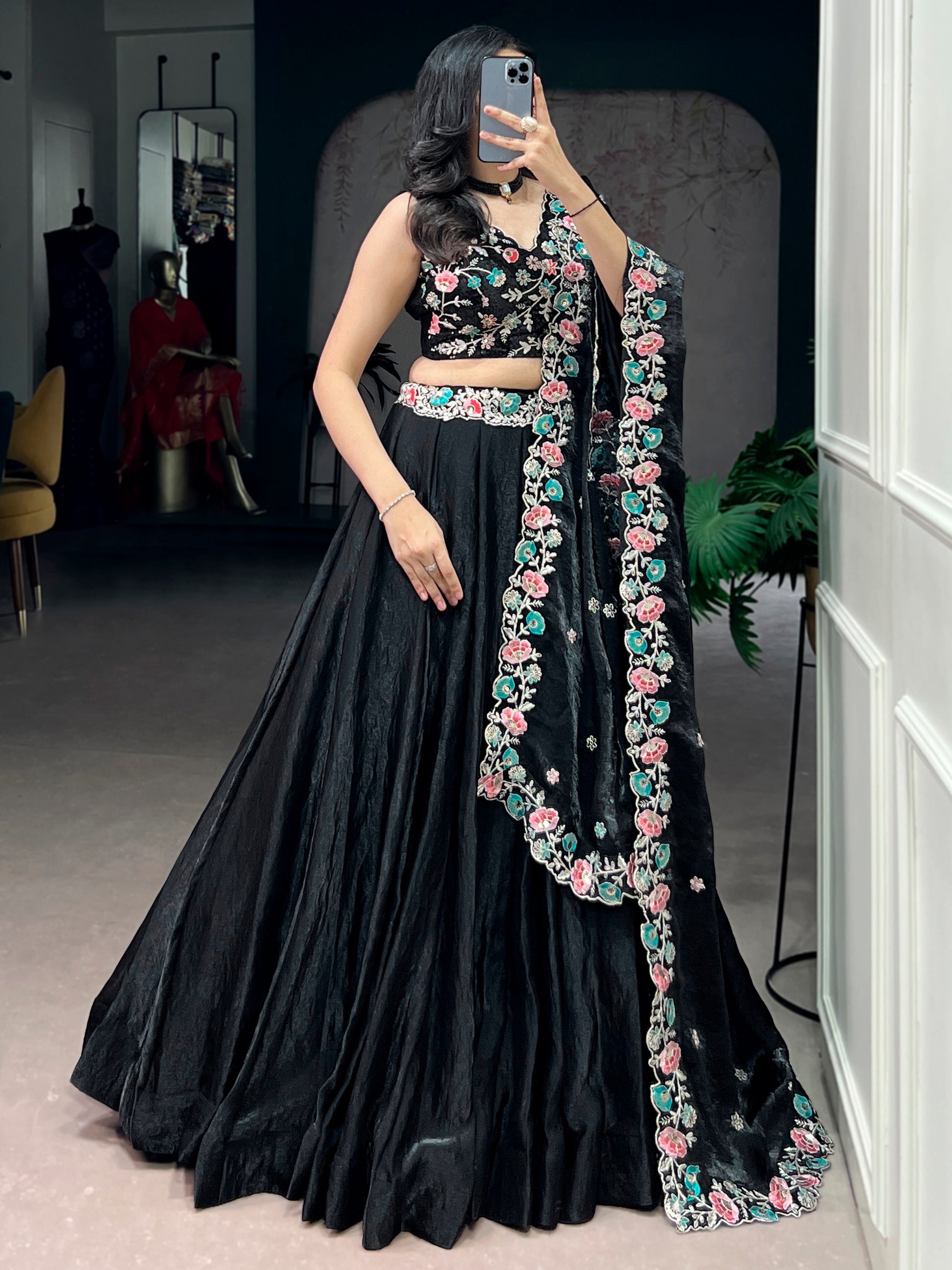Adorable Black Thread Work Organza Party Wear Lehenga Choli With Dupatta