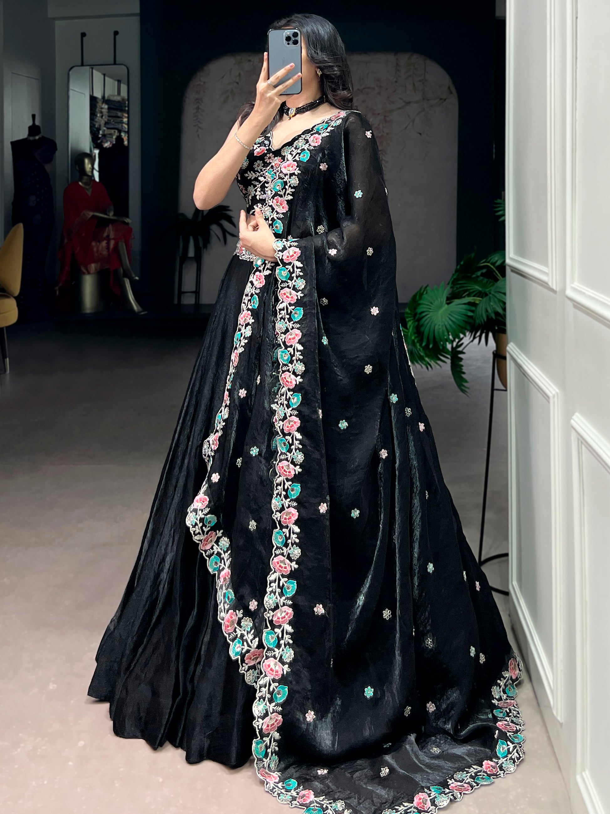 Adorable Black Thread Work Organza Party Wear Lehenga Choli With Dupatta