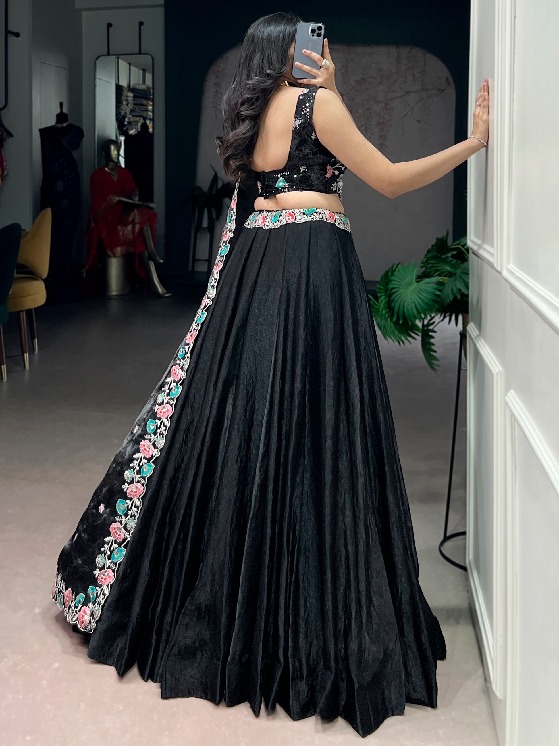 Adorable Black Thread Work Organza Party Wear Lehenga Choli With Dupatta