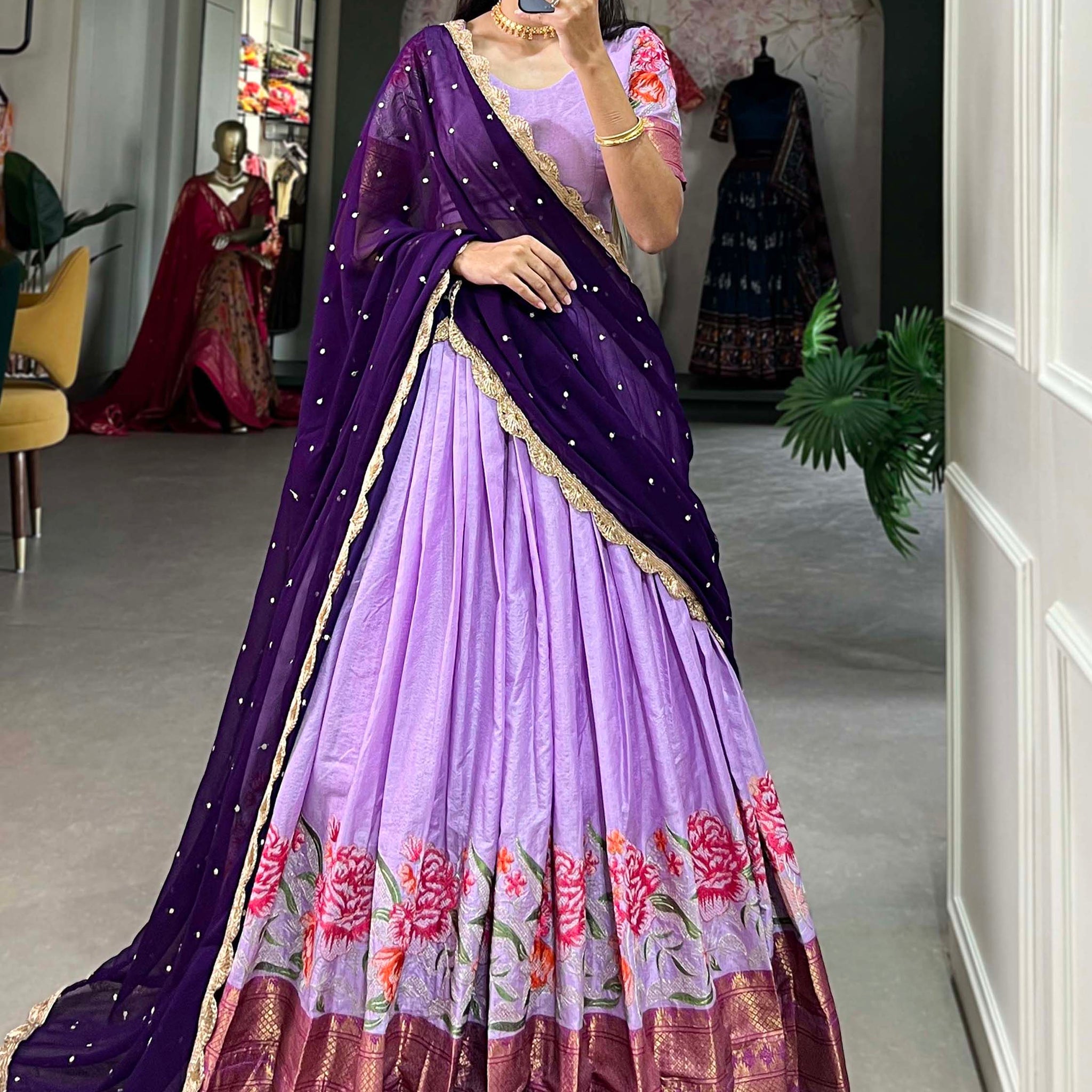 Alluring Lavender Thread Work Festive Wear Cotton Half Saree Lehenga 