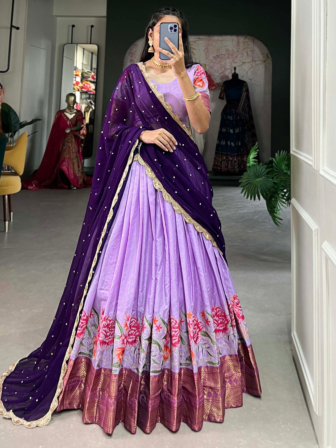 Alluring Lavender Thread Work Festive Wear Cotton Half Saree Lehenga 