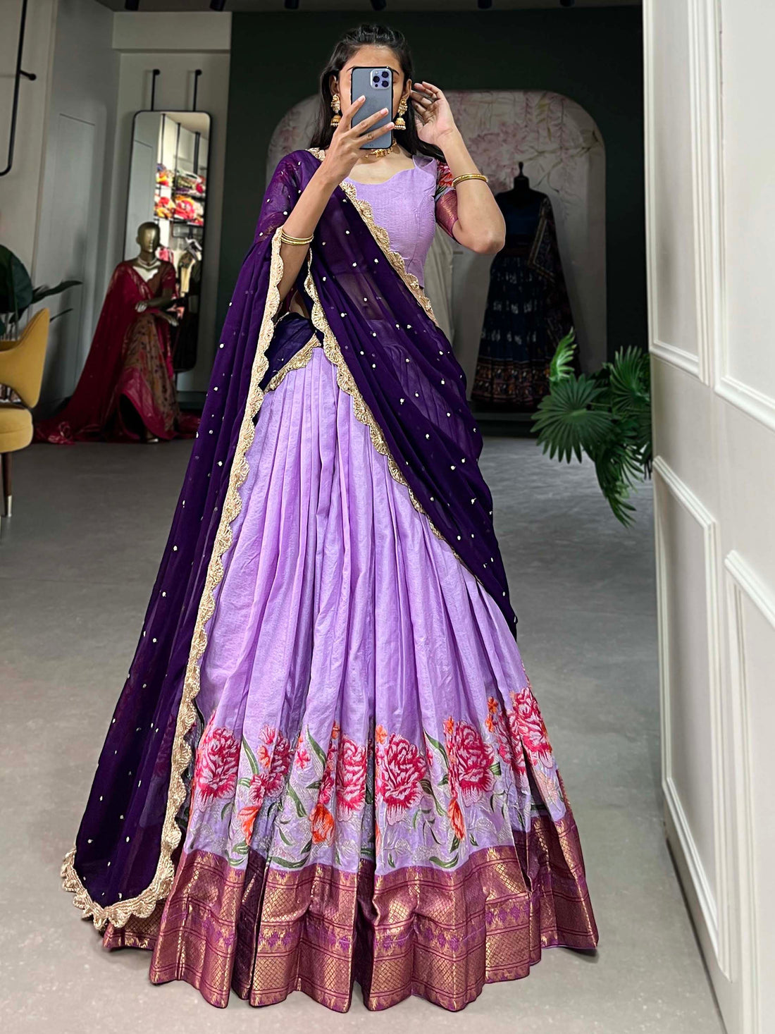 Alluring Lavender Thread Work Festive Wear Cotton Half Saree Lehenga 