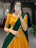 Stunning Mustard Yellow Thread Work Cotton Haldi Wear Half Saree Lehenga