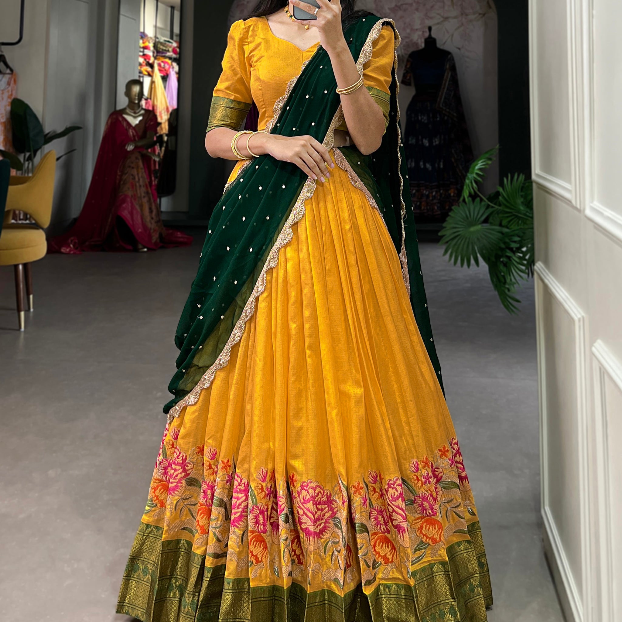 Stunning Mustard Yellow Thread Work Cotton Haldi Wear Half Saree Lehenga