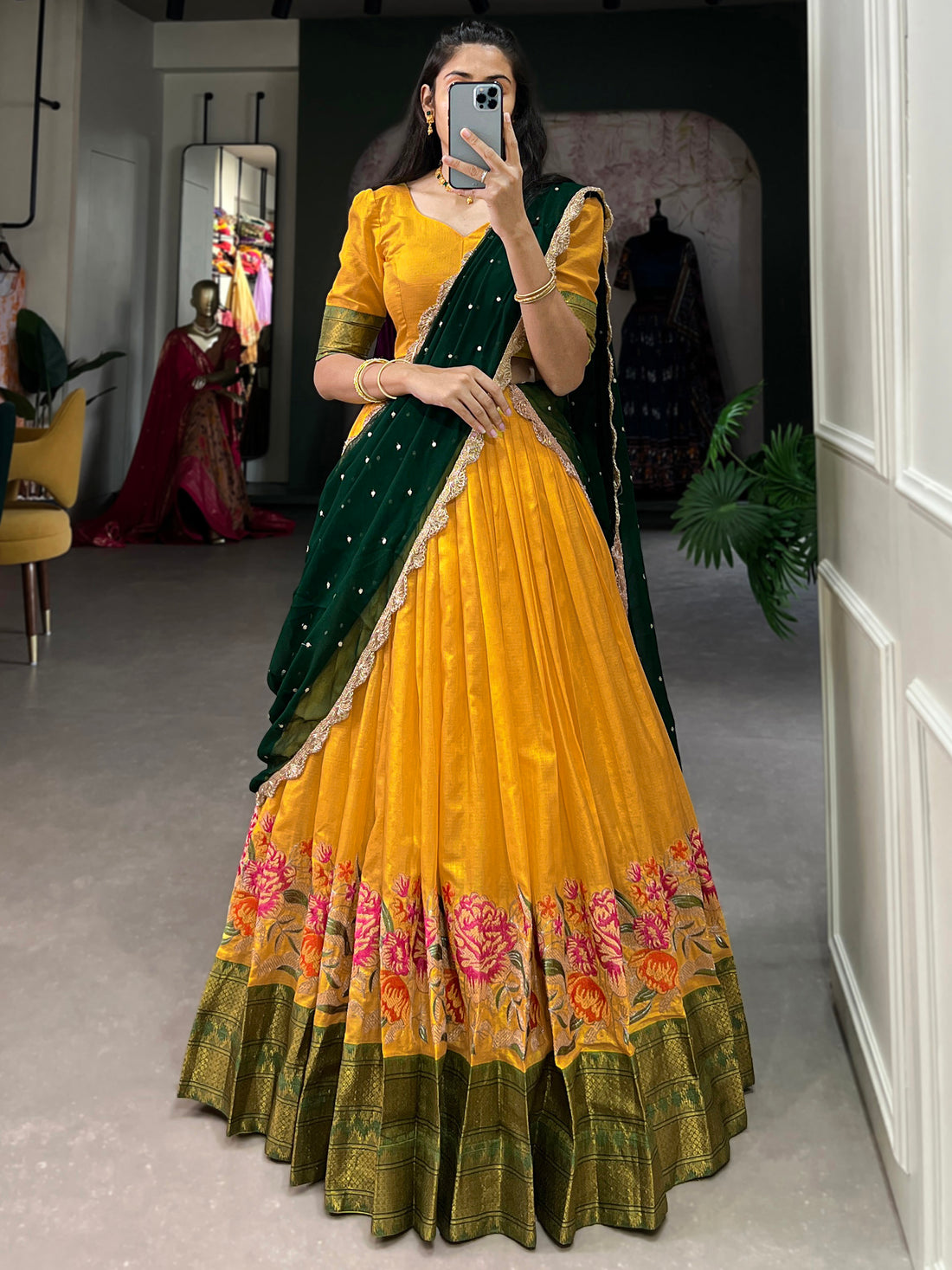 Stunning Mustard Yellow Thread Work Cotton Haldi Wear Half Saree Lehenga