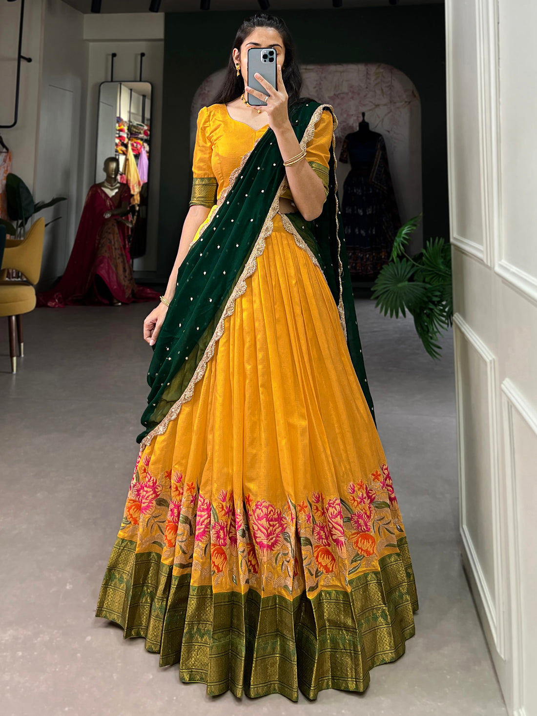 Stunning Mustard Yellow Thread Work Cotton Haldi Wear Half Saree Lehenga