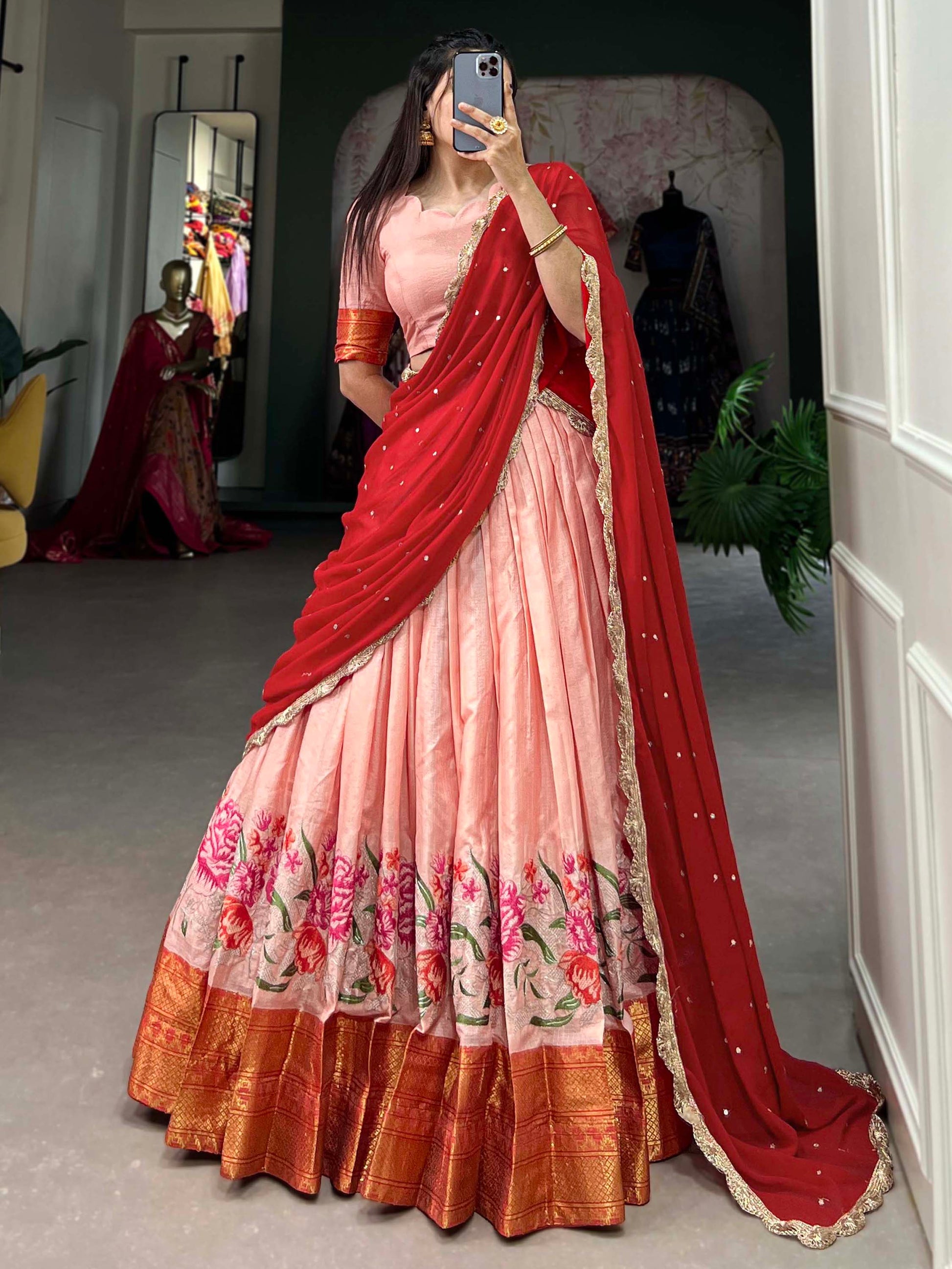 Adorable Peach Thread Work Cotton Traditional Half Saree Lehenga