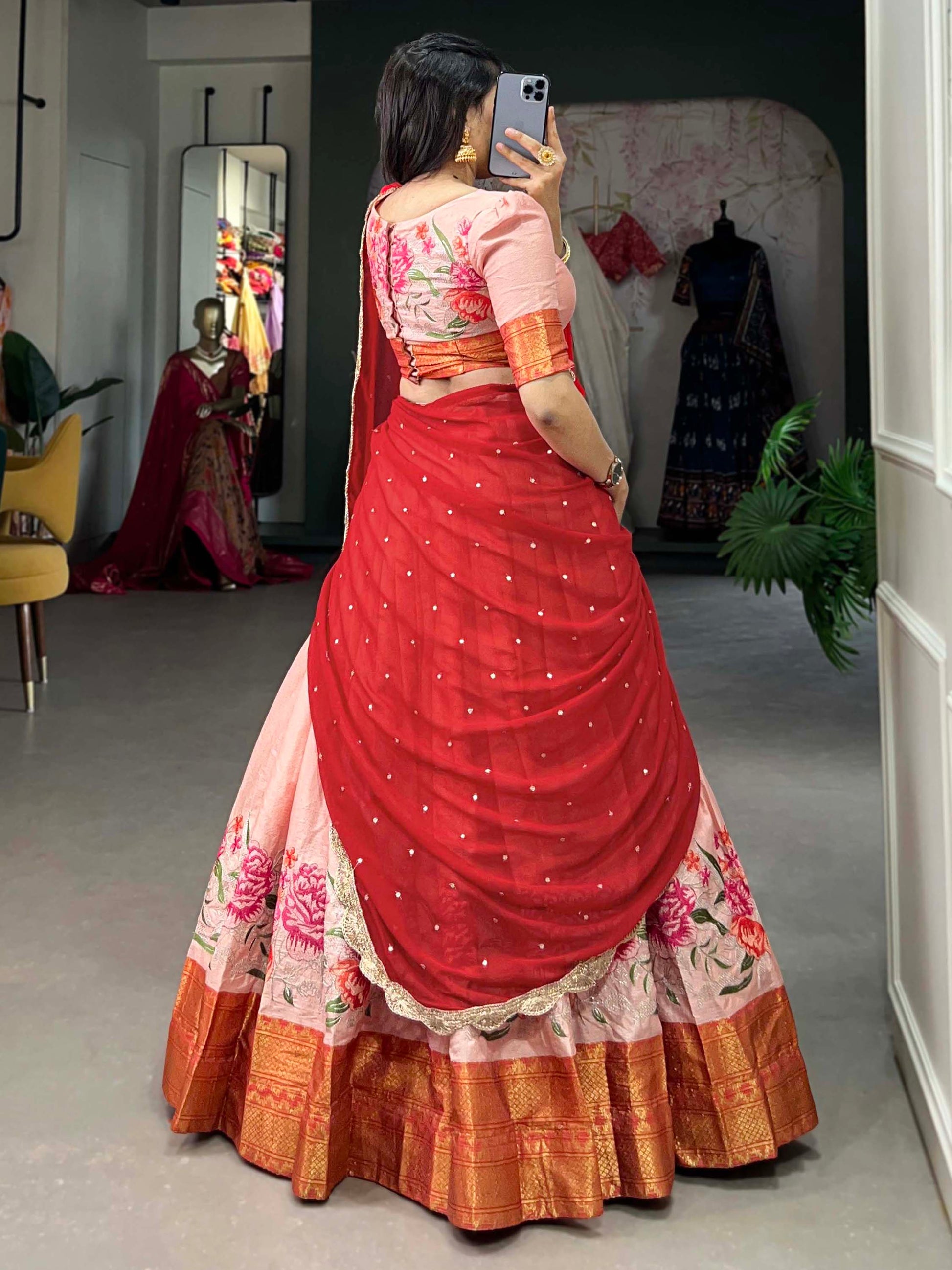 Adorable Peach Thread Work Cotton Traditional Half Saree Lehenga