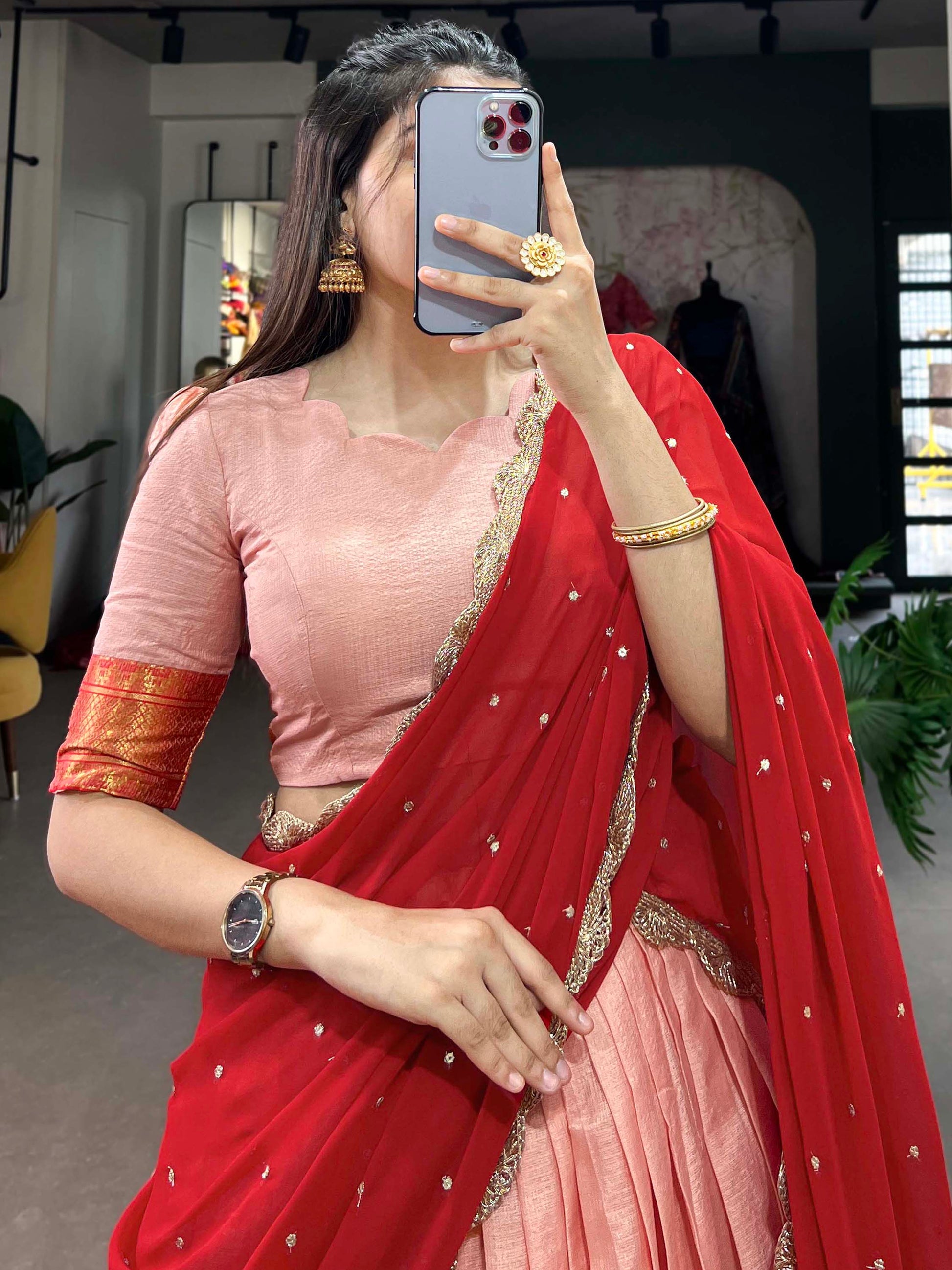 Adorable Peach Thread Work Cotton Traditional Half Saree Lehenga
