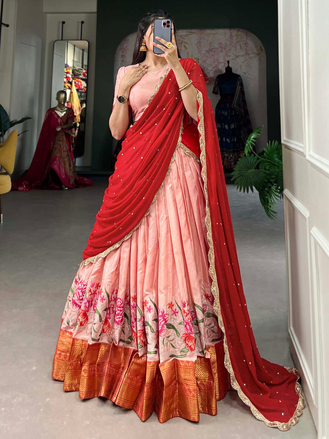 Adorable Peach Thread Work Cotton Traditional Half Saree Lehenga