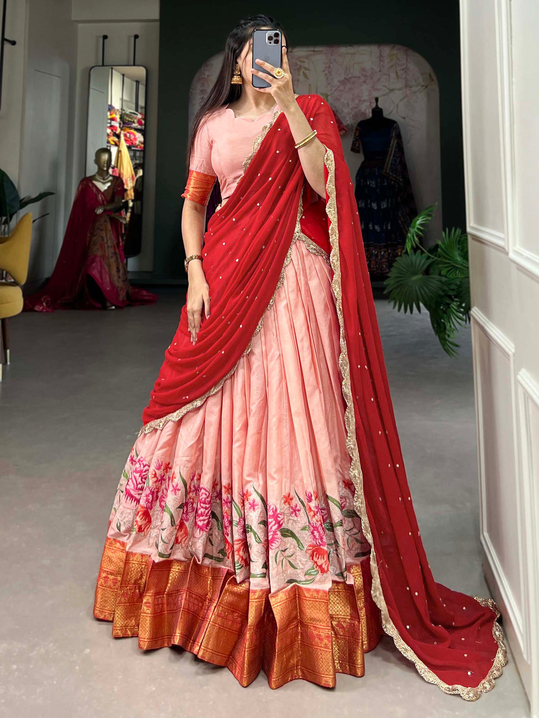 Adorable Peach Thread Work Cotton Traditional Half Saree Lehenga