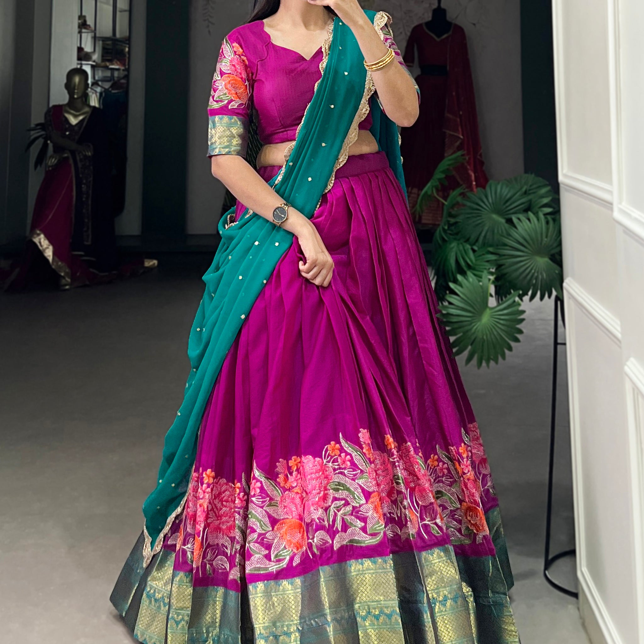 Gorgeous Hot Pink Thread Work Cotton Festive Wear Half Saree Lehenga