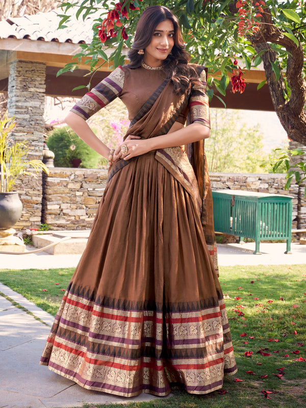 Lavish Brown Zari Weaving Chanderi Traditional Lehenga Choli