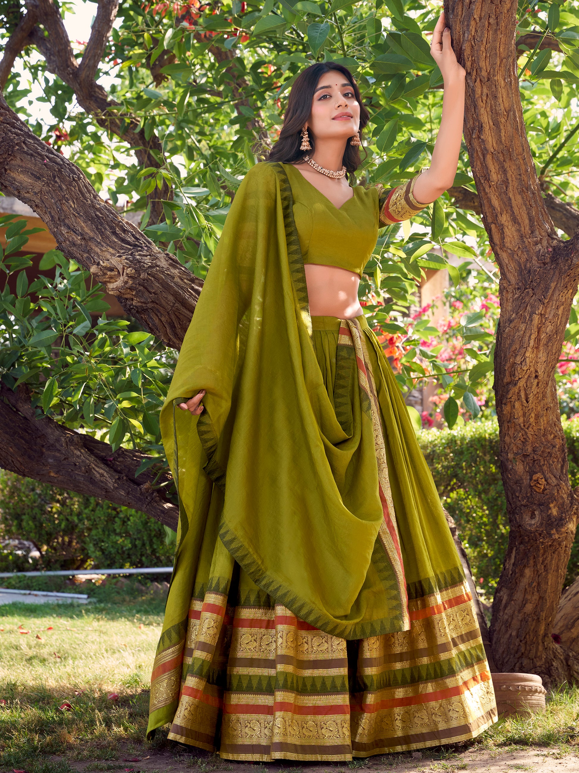 Glamorous Olive Green Zari Weaving Chanderi Half Saree Lehenga