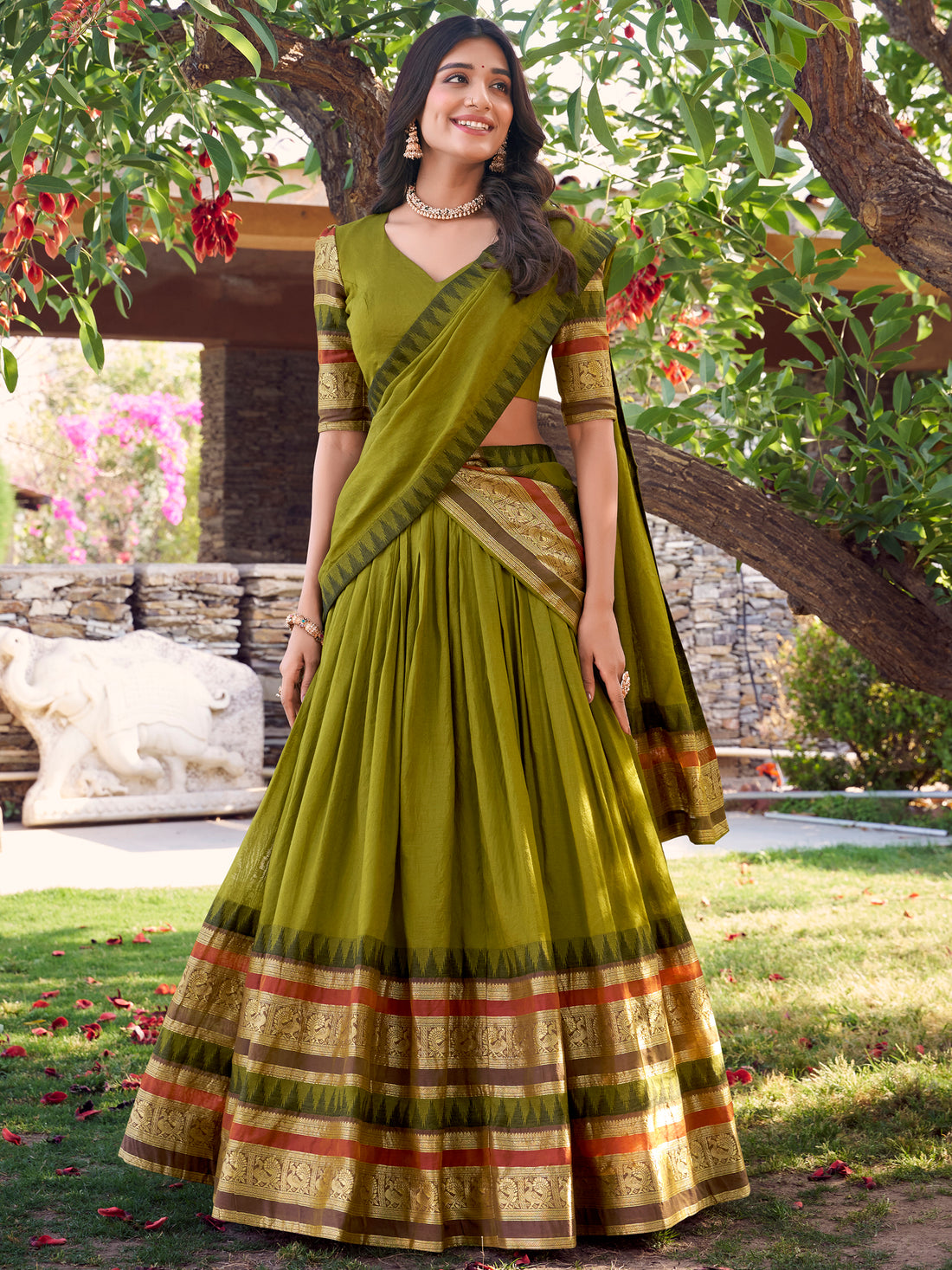 Glamorous Olive Green Zari Weaving Chanderi Half Saree Lehenga