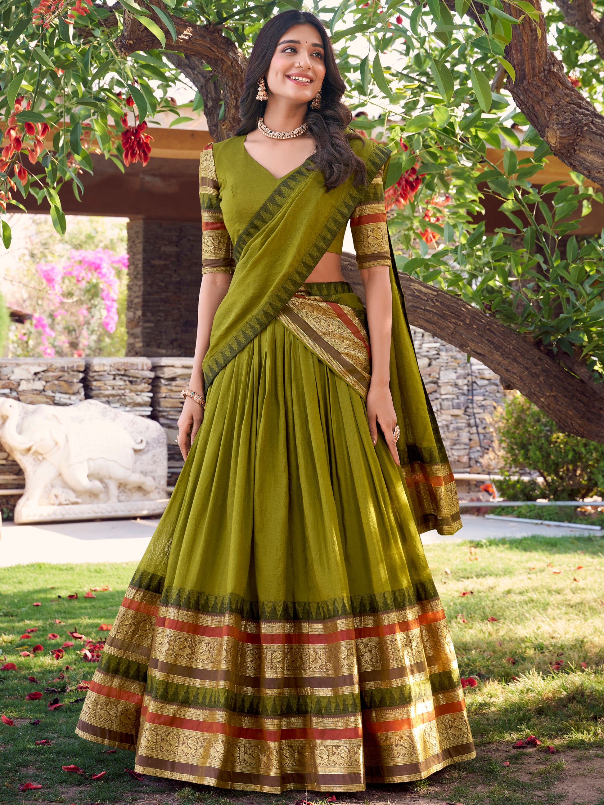 Glamorous Olive Green Zari Weaving Chanderi Half Saree Lehenga