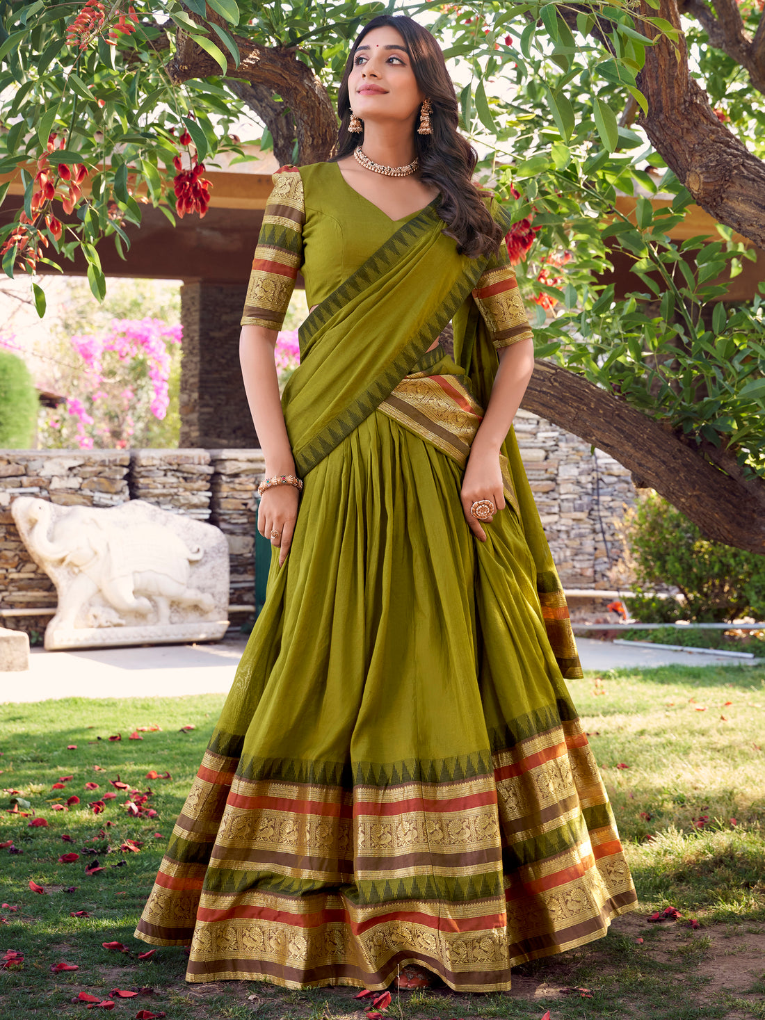 Glamorous Olive Green Zari Weaving Chanderi Half Saree Lehenga